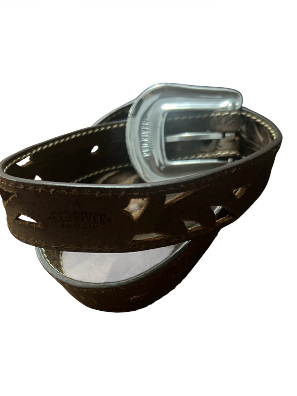 Red River Outfitters Western Brown Leather Belt with Silver Buckle Size